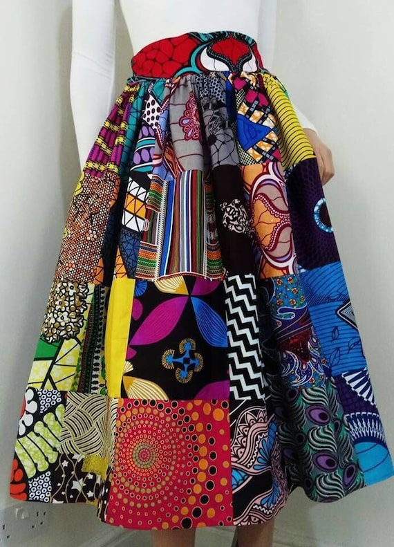 PATCHWORK Mid-Calf African print Skirt 100% Wax Cotton Handmade UK