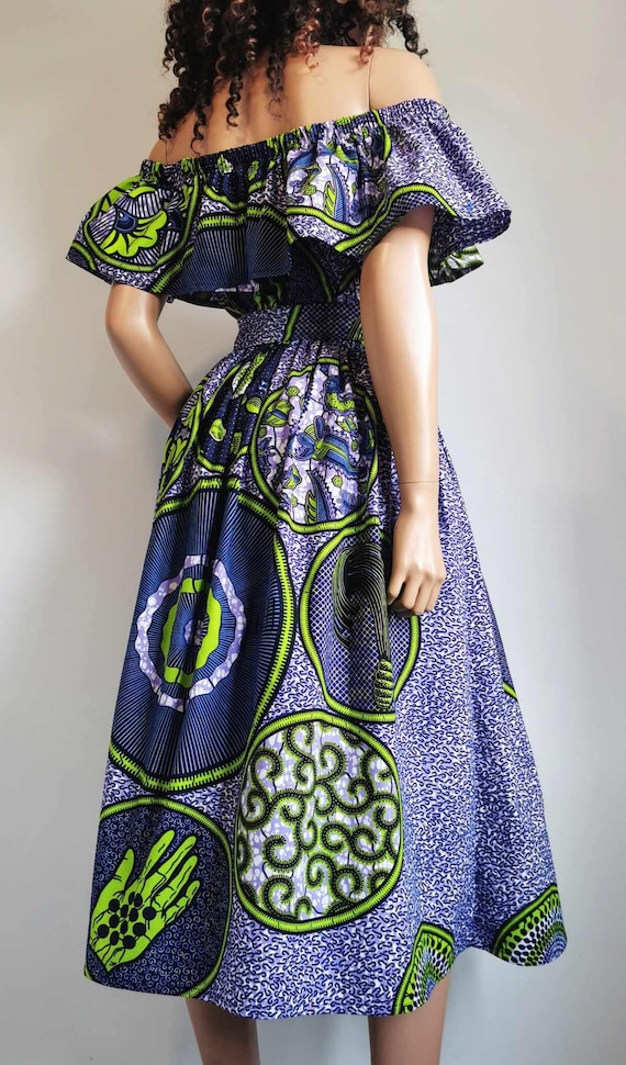 CHRISTINA African Printed Off-the-Shoulder Mid-Calf Dress