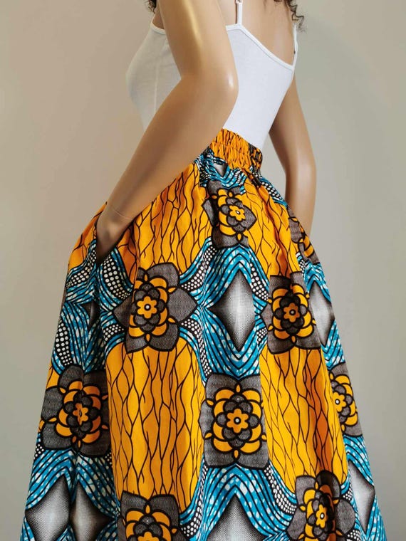 ARIANNA African Printed Mid-Calf Skirt 100% Wax Cotton Handmade UK