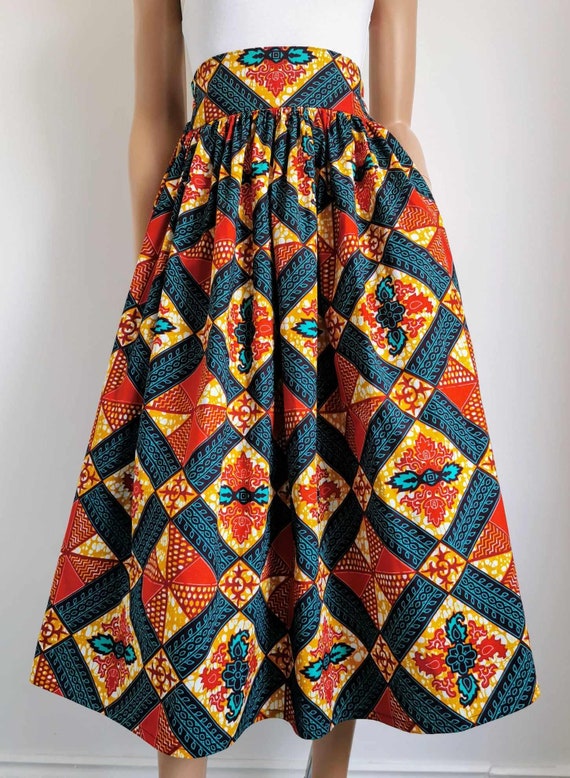 AMANDA African Printed Mid-Calf Skirt 100% Wax Cotton Handmade UK
