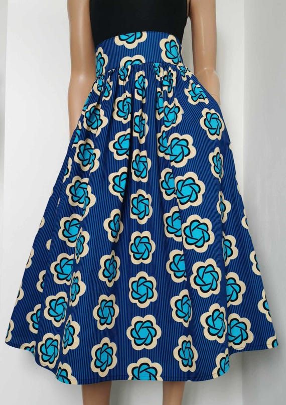 EVA African Printed Mid-Calf Skirt 100% Wax Cotton Handmade UK