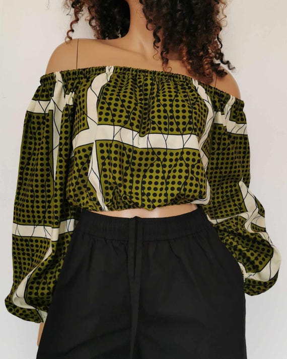 OLIVIA African Print Off-Shoulder Top 100% Wax cotton Handmade UK