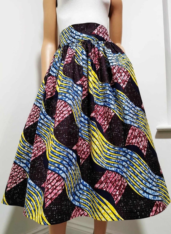 LANIE African Printed Mid-Calf Skirt 100% Wax Cotton Handmade UK
