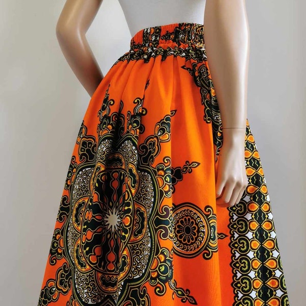 RILEY African Printed Mid-Calf Skirt 100% Wax Cotton Handmade UK