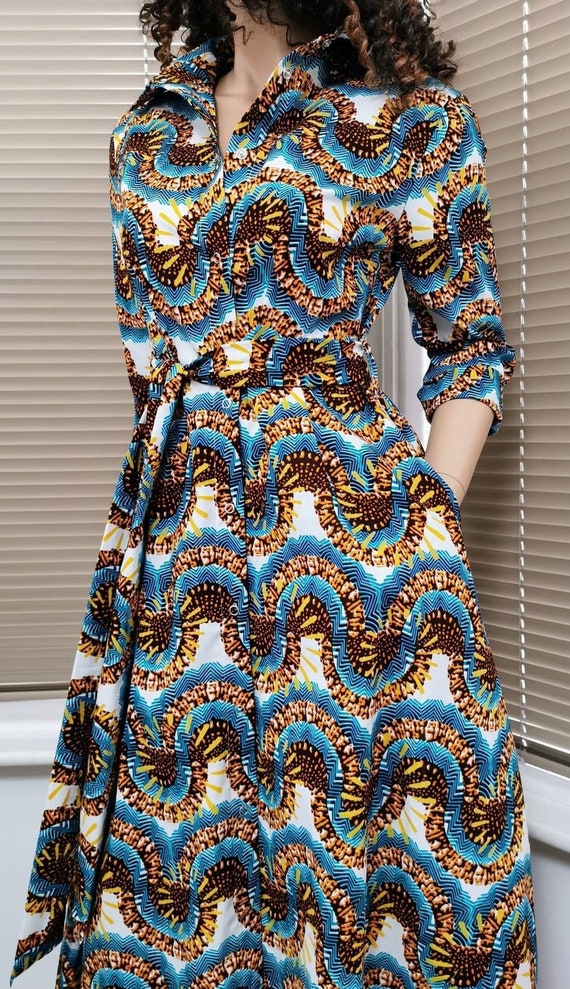 GERALDINE Half-Sleeve Full Mid-Calf Dress 100% Wax Cotton Handmade UK