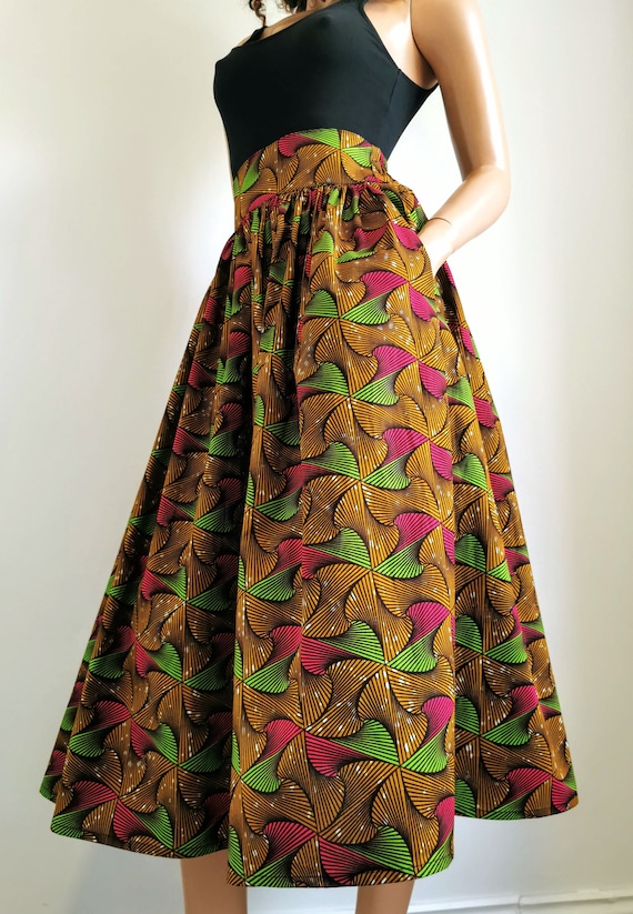SHIRLEY African Printed Mid-Calf Skirt 100% Wax Cotton Handmade UK
