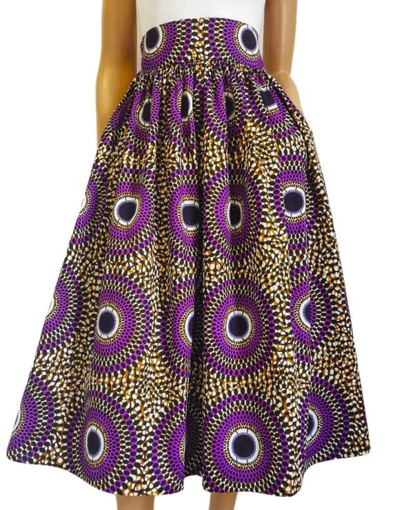 ISLA African Printed Mid-Calf Skirt 100% Wax Cotton Handmade UK