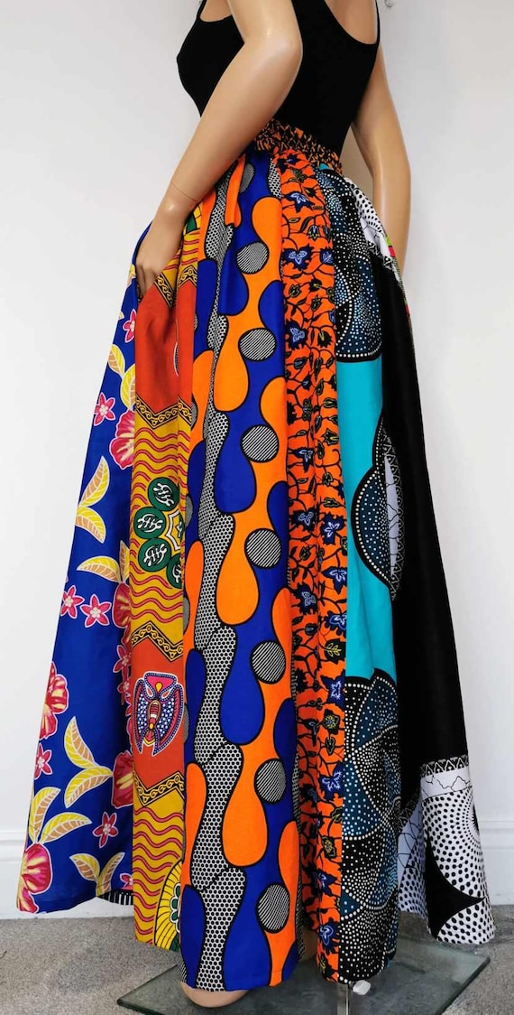 LENA Patchwork African Printed Fabric Maxi/Full length Skirt 100% Wax Cotton Handmade