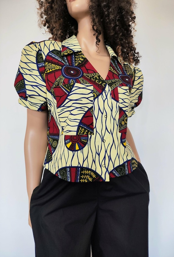 ANNA African Print Woman Front Snap Button Shirt/Blouse 100% Wax cotton Handmade UK