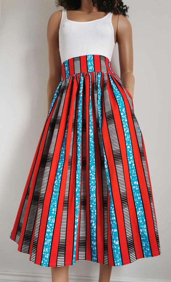ANGELA African Printed Mid-Calf Skirt 100% Wax Cotton Handmade UK