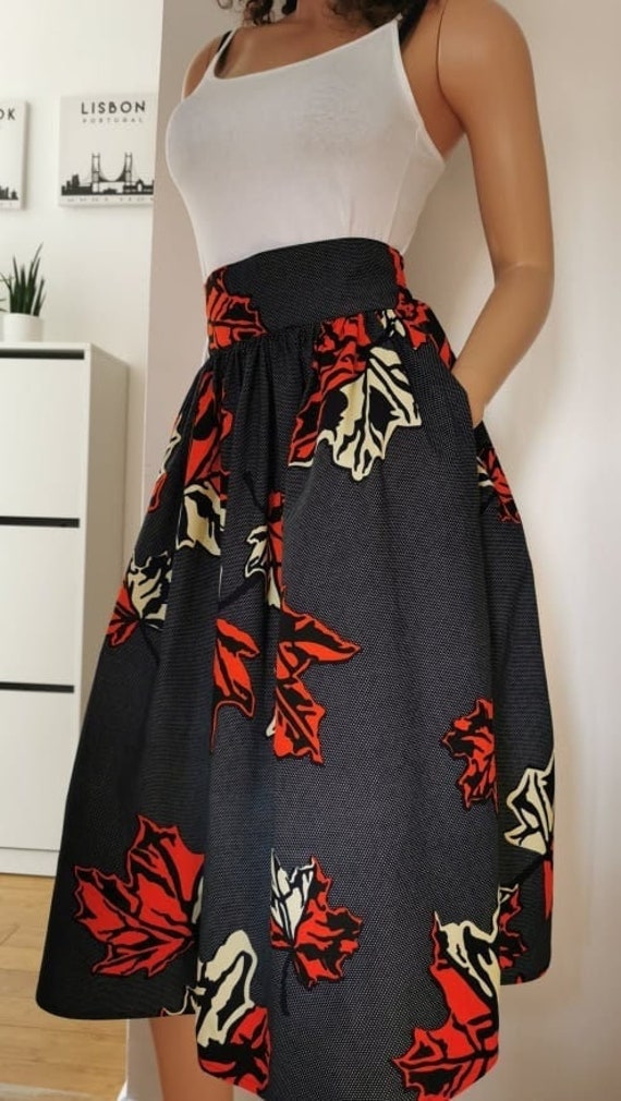 NYAH African Printed Mid-Calf Skirt 100% Wax Cotton Handmade UK