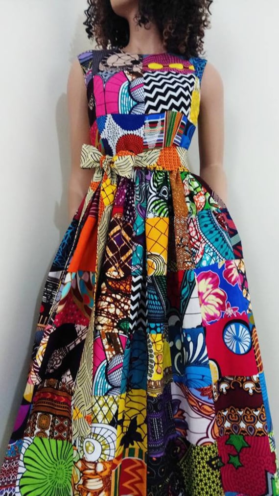 PATCHWORK African Printed Fabric Sleeveless Maxi/Full Length Dress 100% Wax Cotton Handmade UK