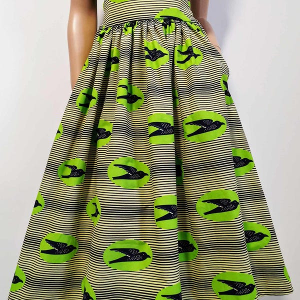 Falda a media pierna con estampado africano ROBIN, 100 % algodón encerado, hecha a mano en el Reino Unido