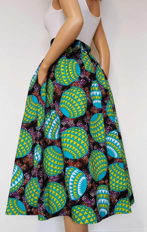 RHONDA African Printed Mid-Calf Skirt 100% Wax Cotton Handmade UK