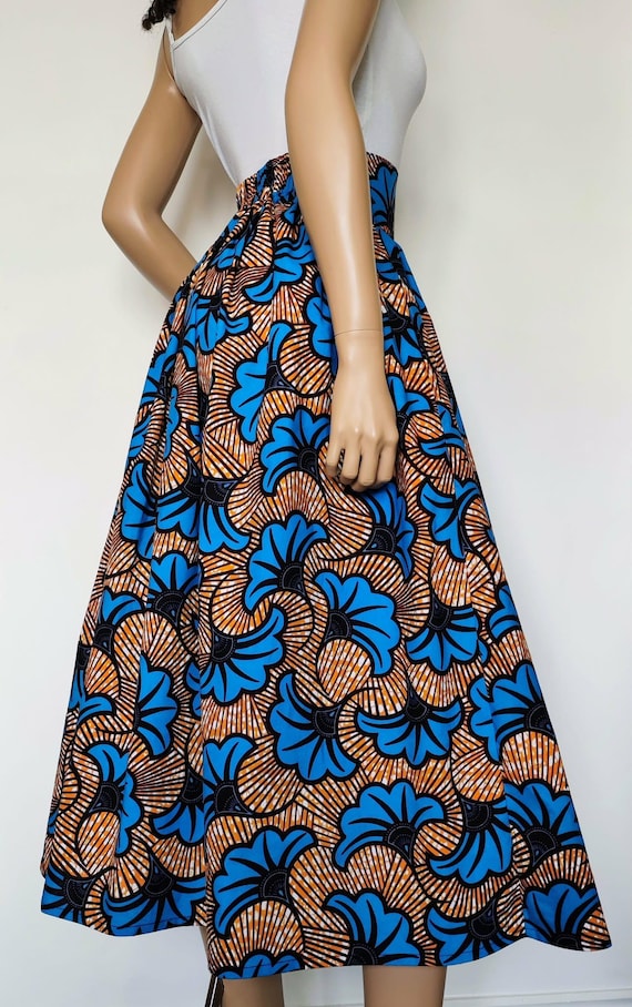 ALISON African Printed Mid-Calf Skirt 100% Wax Cotton Handmade UK