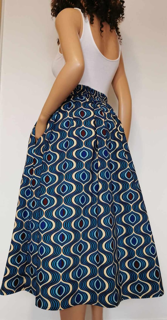 LORI African Printed Mid-Calf Skirt 100% Wax Cotton Handmade UK
