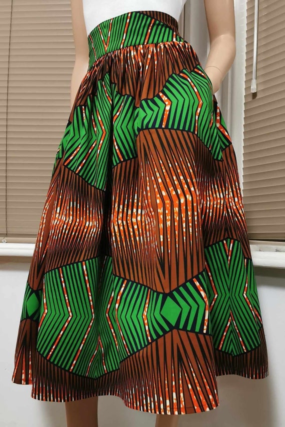 VIVIAN African Printed Mid-Calf Skirt 100% Wax Cotton Handmade UK