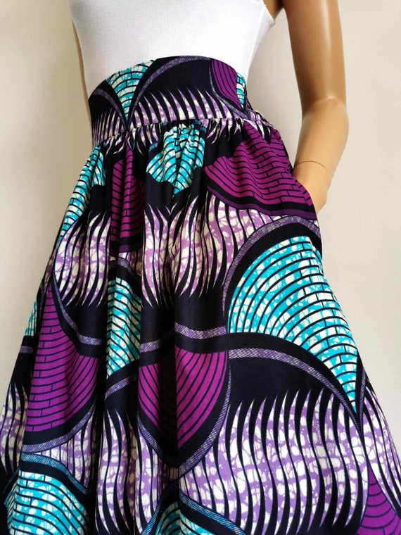 LYLA African Printed Mid-Calf Skirt 100% Wax Cotton Handmade UK