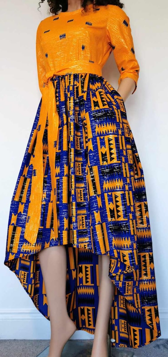 JAYLA African Printed High-Low Dress 100% Wax Cotton Handmade UK