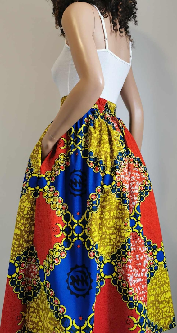 GENESIS African Printed Mid-Calf Skirt 100% Wax Cotton Handmade UK