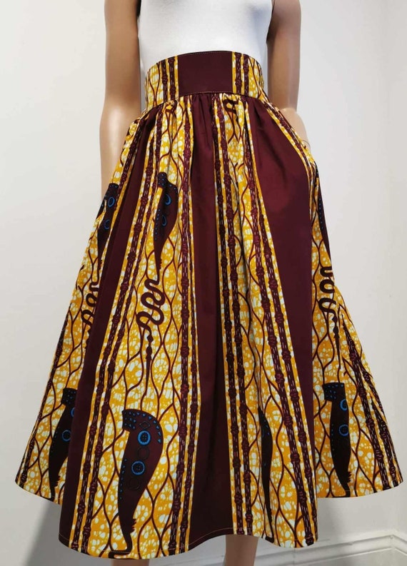 KINSLEY African Printed Mid-Calf Skirt 100% Wax Cotton Handmade UK