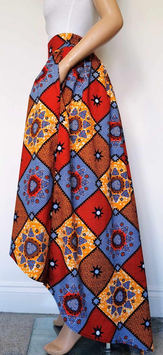 IRIS African Print High-Low Skirt 100 % Wax Cotton Handmade UK