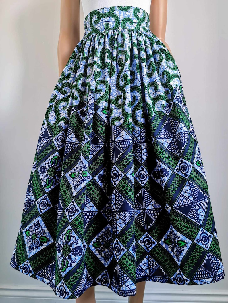 LORI African Printed Mid-Calf Skirt 100% Wax Cotton Handmade UK zdjęcie 9