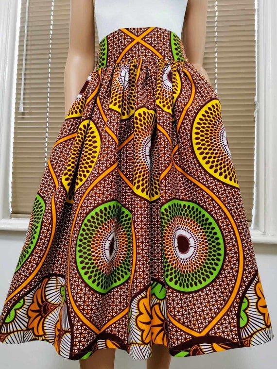 SANDRA African Printed Mid-Calf Skirt 100% Wax Cotton Handmade UK