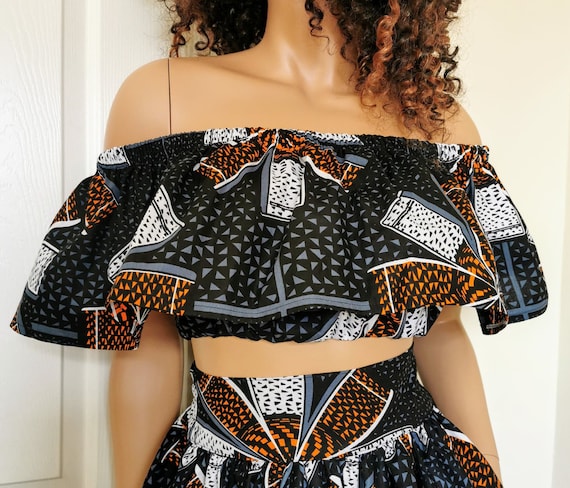 LADY African Print Off-Shoulder Top 100% Wax cotton Handmade UK