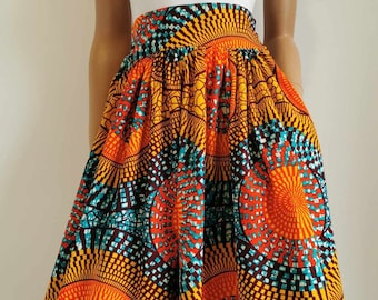 TEAGAN Falda africana estampada a media pantorrilla 100% algodón encerado hecho a mano en el Reino Unido