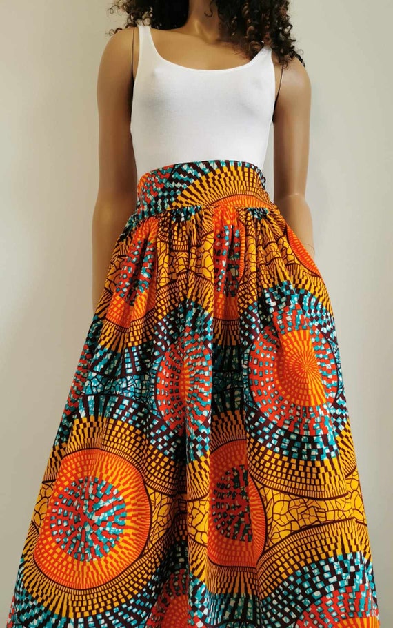 TEAGAN African Printed Mid-Calf Skirt 100% Wax Cotton Handmade UK