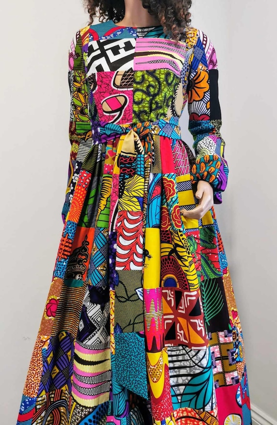PATCHWORK African Printed Fabric Long-Sleeve Maxi/Full Length Dress 100% Wax Cotton Handmade UK