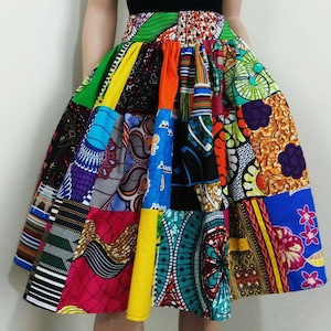 Jupe midi PATCHWORK en tissu imprimé africain 100 % coton wax fait main au Royaume-Uni