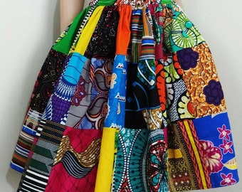 PATCHWORK African Printed Fabric Midi Skirt 100% Wax Cotton Handmade UK