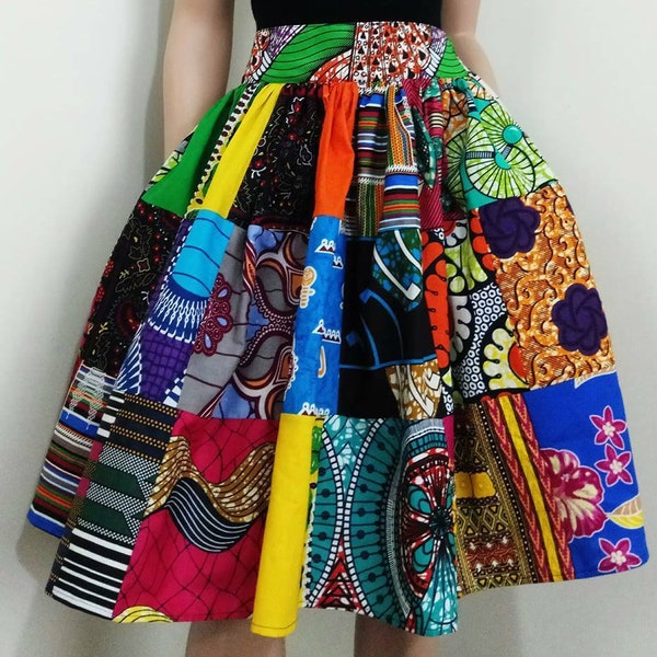 PATCHWORK African Printed Fabric Midi Skirt 100% Wax Cotton Handmade UK