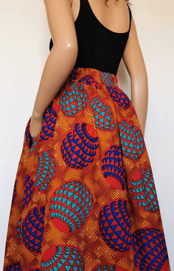 HALIMA  African Printed Mid-Calf Skirt 100% Wax Cotton Handmade UK