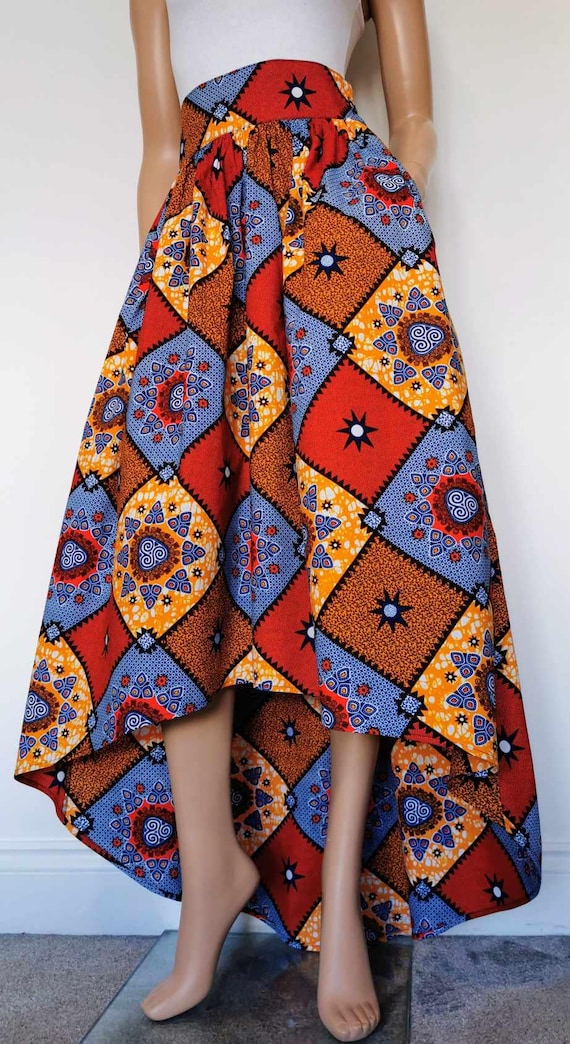 IRIS African Print High-Low Skirt 100 % Wax Cotton Handmade UK