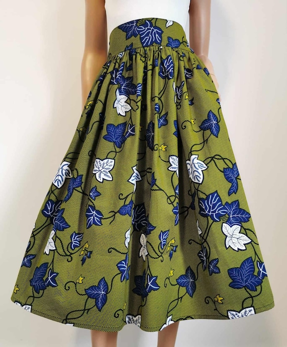 AUTUMN African Printed Mid-Calf Skirt 100% Wax Cotton Handmade UK