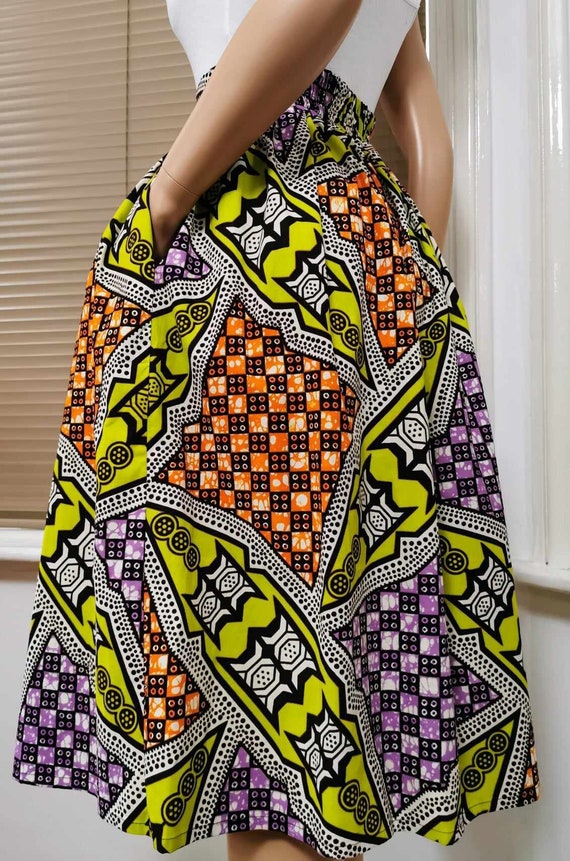 YVETTE African Printed Mid-Calf Skirt 100% Wax Cotton Handmade UK