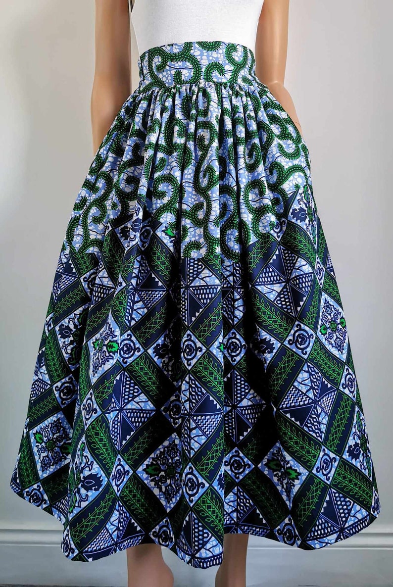 LORI African Printed Mid-Calf Skirt 100% Wax Cotton Handmade UK zdjęcie 3