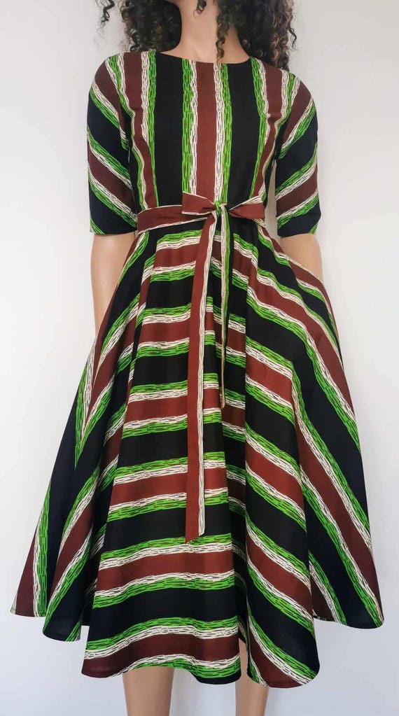 ONYX African Print Mid-Calf Dress 100% Wax Cotton Handmade UK
