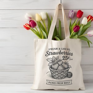 Strawberry tote, strawberry bag, tote bag aesthetic, canvas tote bag women, farmers market tote bag, reusable shopping bag, tote bag cute