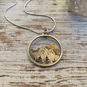 The Mountain necklace. Sunset. Outdoor jewelry. Silver and 14k yellow gold.