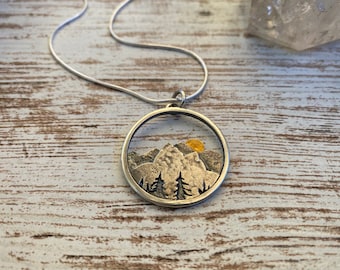 The Mountain necklace. Sunset. Outdoor jewelry. Silver and 14k yellow gold.