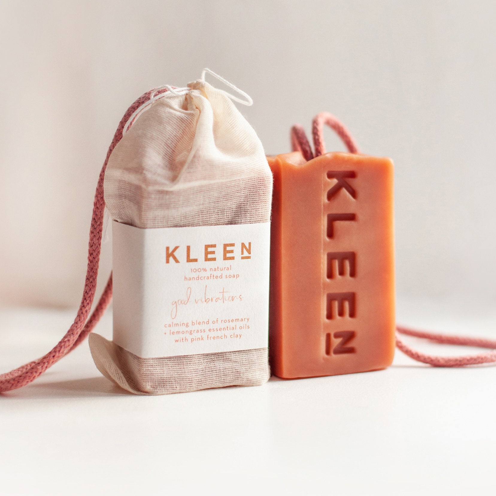 Pink Clay Lemongrass Soap on a Rope: Vegan Aromatherapy Soap, UK Made