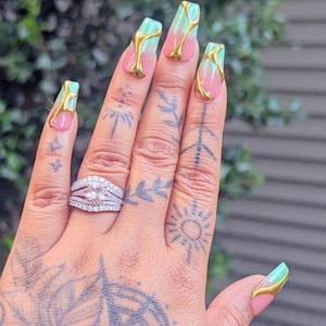 Green ombre tip with gold chrome Set | length/Shape Options Available