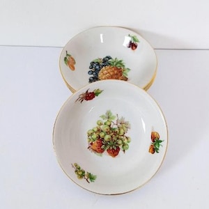 Vintage set of 4 serving bowl, china fruit design bowls gold edge, dessert bowls pudding, sushi, ice cream dessert bowls