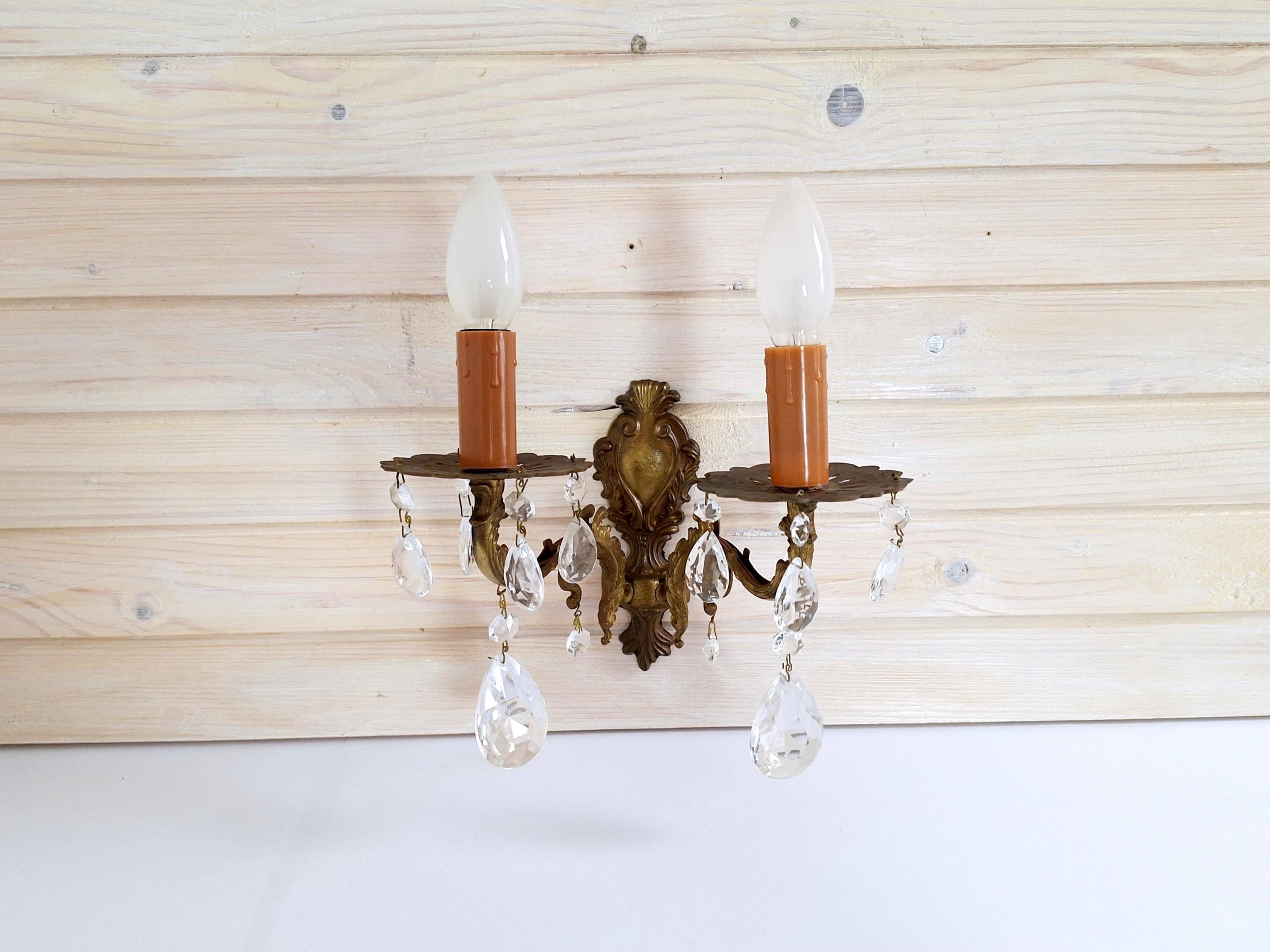 Vintage Brass Wall Sconce with Crystal Prisms / 2 Light Candle Style Wall Lamp / French Rococo Style Hollywood Regency Lighting