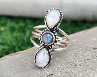 Handmade Labradorite & Moonstone 925 Sterling Silver Ring