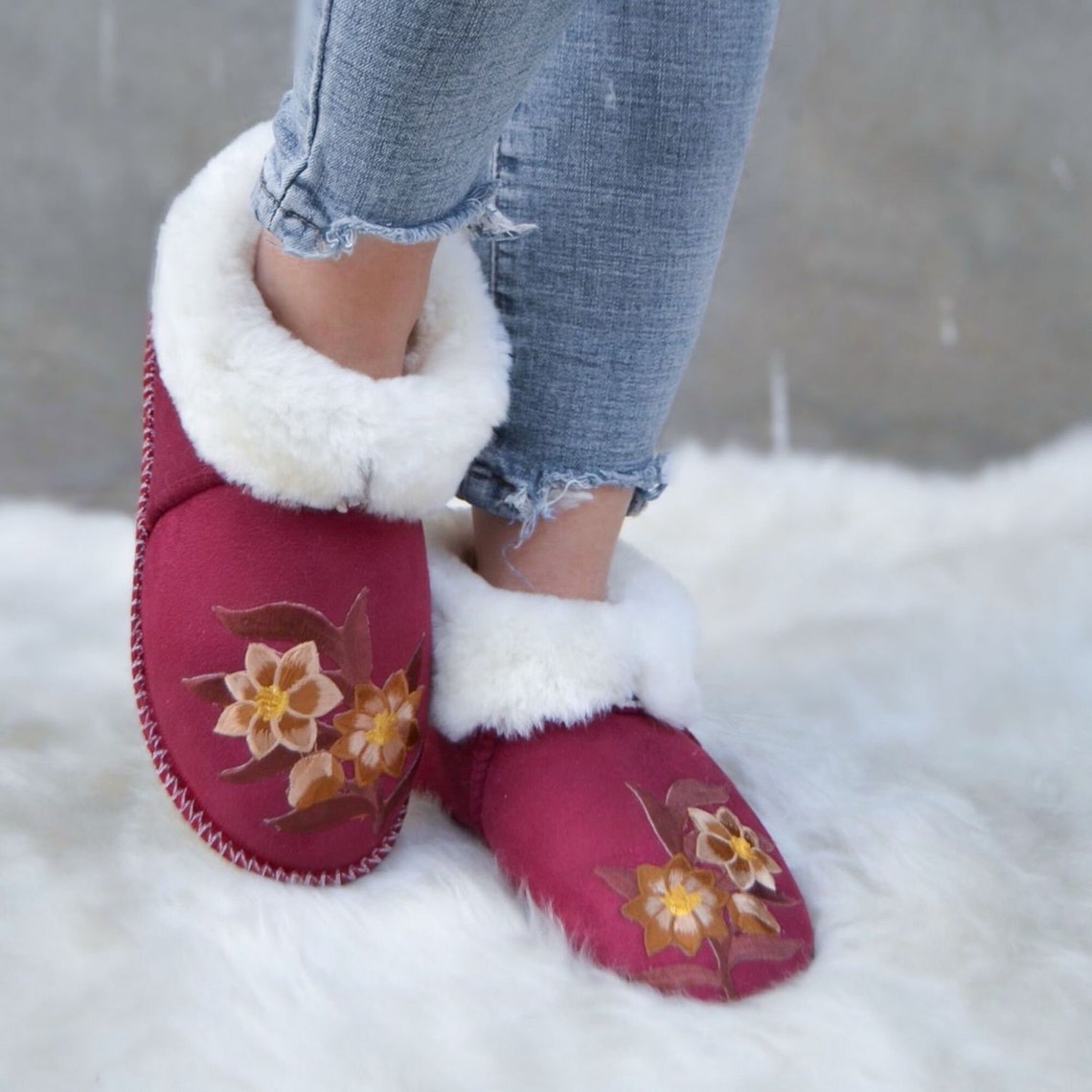 Women's sheepskin slippers RED house slippers real fur | Etsy